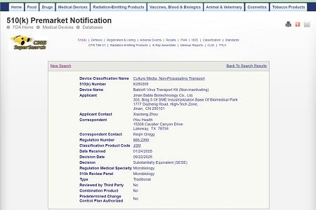 BABIO đảm bảo được thông qua FDA 510(k) của Hoa Kỳ cho Bộ vận chuyển vi-rút (Không bất hoạt)
